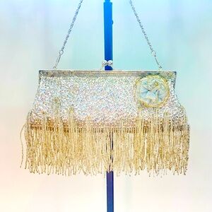 Frock Candy Silver Beaded Fringe Evening Clutch Purse Handbag Floral Accent